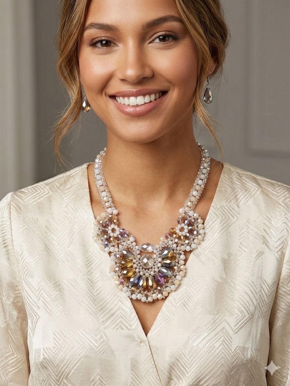 Sophia Collection Pearl and Crystal Luxury Bib Necklace in Champagne and White
